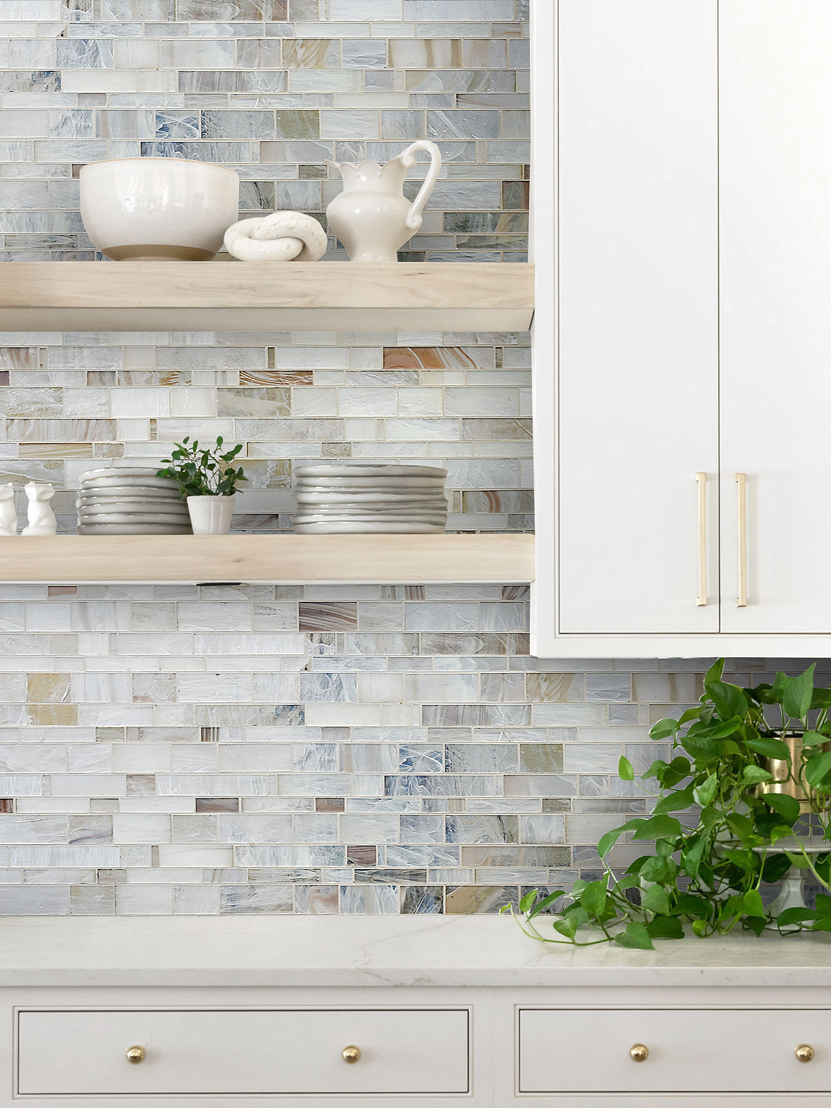 Beige Cabinet with Opal Glass Artisan Mosaic Tile BA7015