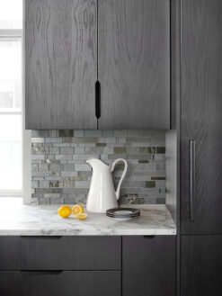Black Cabinet with Gray Glass Artisan Mosaic Tile BA7018