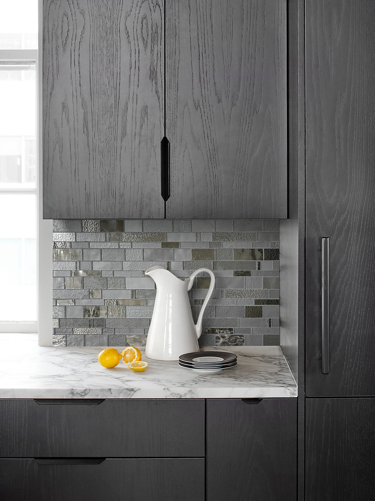 Black Cabinet with Gray Glass Artisan Mosaic Tile BA7018