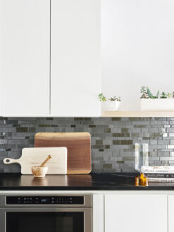 Black Countertop with Gray Glass Artisan Mosaic Tile BA7018