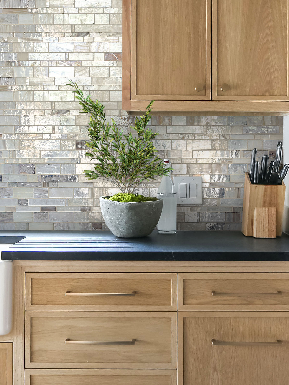 Black Countertop with Opal Glass Artisan Mosaic Tile BA7015