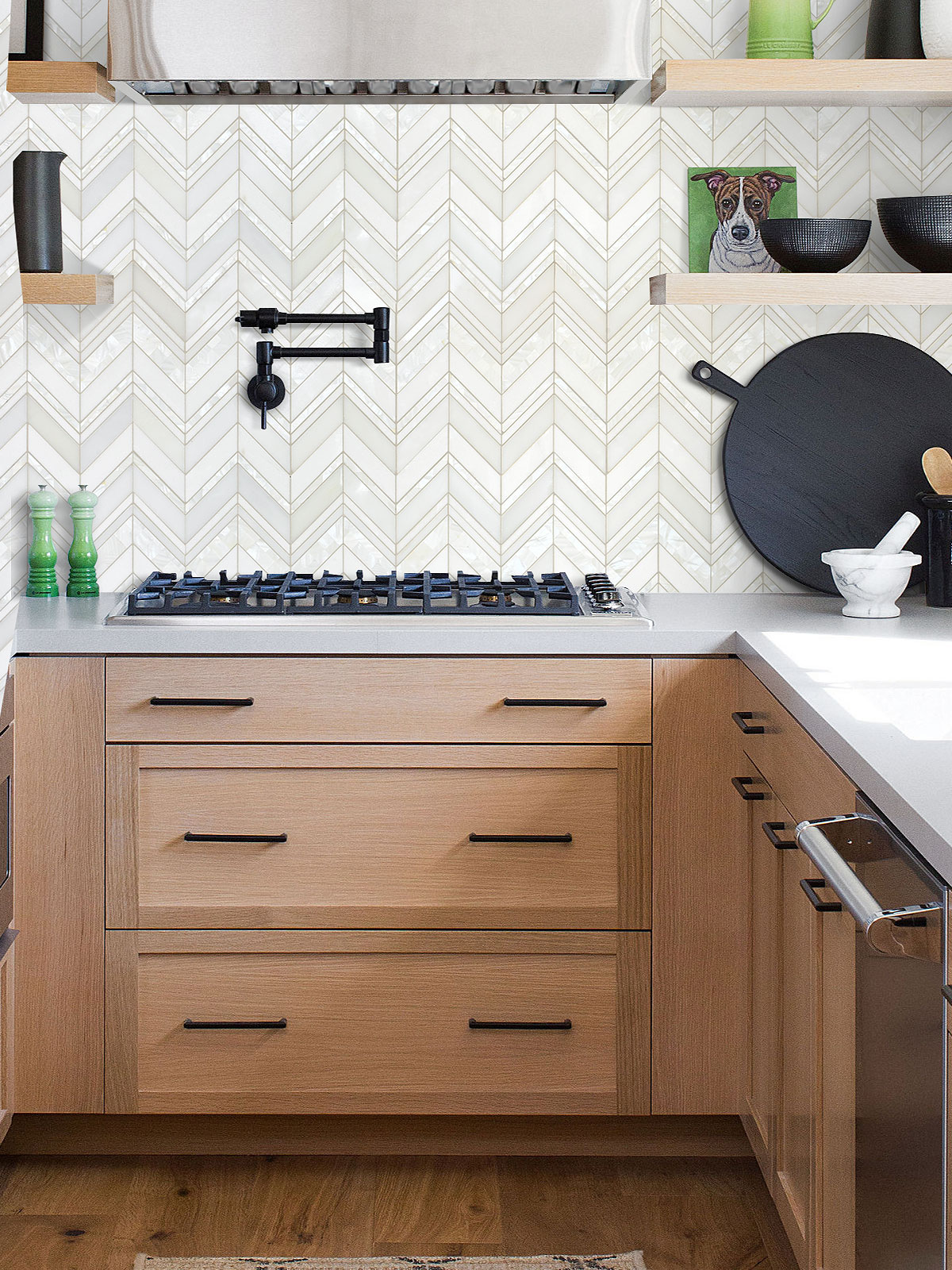 Brown Cabinet with Chevron Pearl Marble Backsplash Tile BA8030