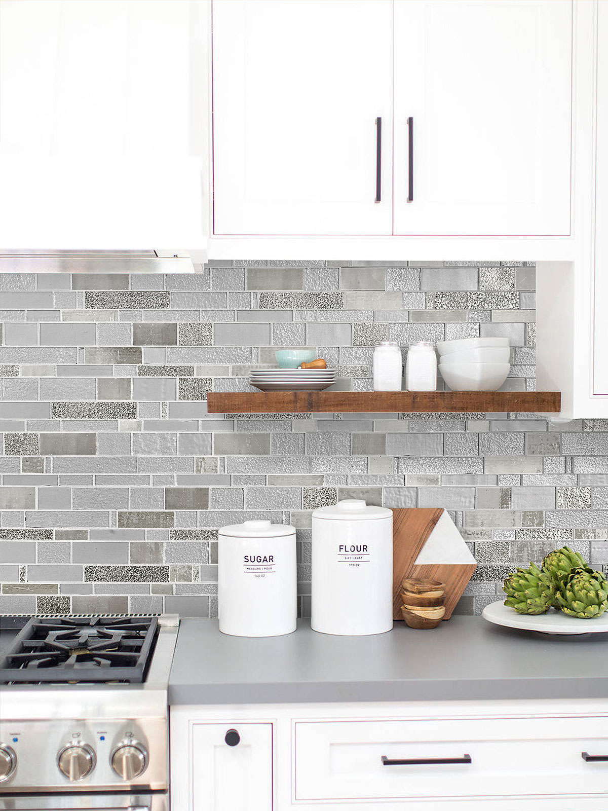 Gray Quartz Countertop with Diamond Glass Artisan Mosaic Tile BA7020