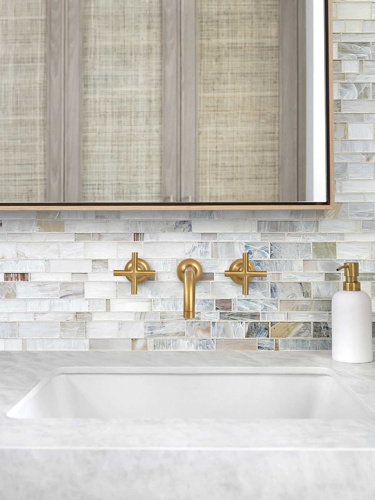 Marble Bathroom Vanity with Opal Glass Artisan Mosaic Tile BA7015