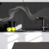 Modern White Kitchen with Custom Engraved Black Stone Tile Backsplash BA9901