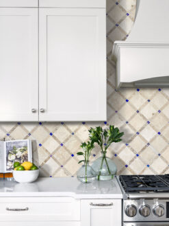 White Countertop with Light Travertine Tile Blue Glass BA1029