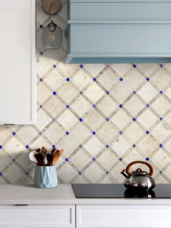 White Kitchen Cabinet with Light Travertine Tile Blue Glass BA1029