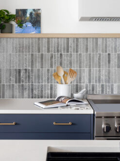 Blue Cabinets with Modern Gray Metallic Backsplash Tile BA6205
