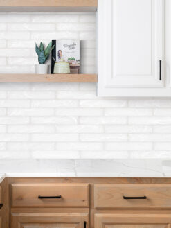 Brown Kitchen Cabinet with Milky White Glass Subway Backsplash Tile BA6707