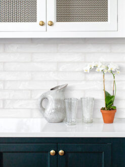 Dark Cabinet with Milky White Glass Subway Backsplash Tile BA6707