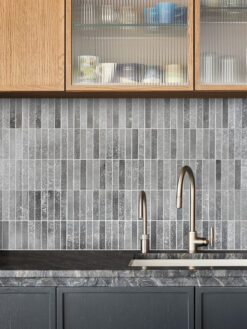 Gray Brown Cabinets with Modern Gray Metallic Backsplash Tile BA6205