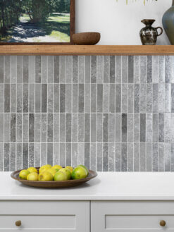 Light Gray Cabinet with Modern Gray Metallic Backsplash Tile BA6205