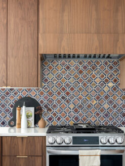 Brown Cabinets with Rusty Brown Gray Diamond Slate Backsplash Tile BA1067