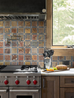 Brown Kitchen Cabinet with Slate Brown Gray Backsplash Tile BA1068