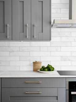 Dark Gray Cabinet with Large White Marble Subway Backsplash Tile BA8035