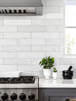 Gray Cabinet with Large White Marble Subway Backsplash Tile BA8035