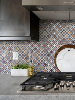 Gray Cabinets with Rusty Brown Gray Diamond Slate Backsplash Tile BA1067