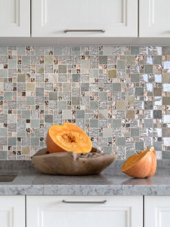 Gray Granite Top with Rose Gold Gray Glass Slate Backsplash Tile BA8007
