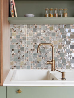 Green Brown Cabinet with Rose Gold Glass Slate Backsplash Tile BA8007