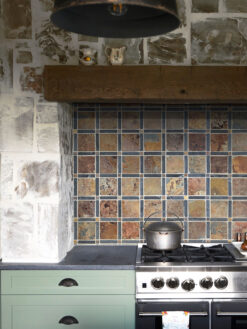 Rustic Green Cabinet with Slate Brown Gray Backsplash Tile BA1068