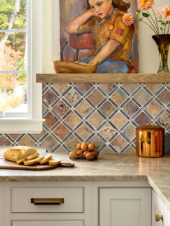 Taj Mahal Countertop with Slate Brown Gray Backsplash Tile BA1068