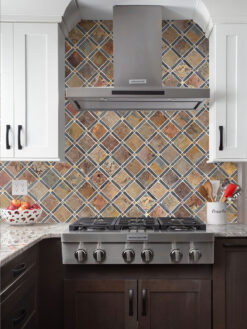 Two Tones Cabinets with Slate Brown Gray Backsplash Tile BA1068