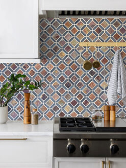 White Cabinets with Rusty Brown Gray Diamond Slate Backsplash Tile BA1067