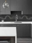 Black Cabinets with Modern Custom Engraved Black Stone Tile Backsplash BA9901