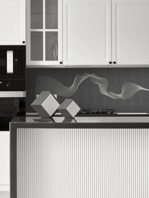 Black Countertop with Modern Custom Engraved Black Stone Tile Backsplash BA9901