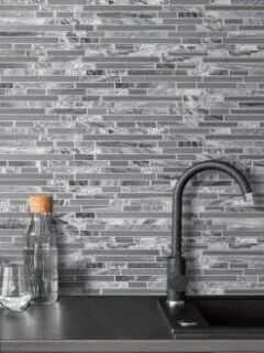 Gray glass marble kitchen backsplash cabinet cambria quartz countertop BA1037