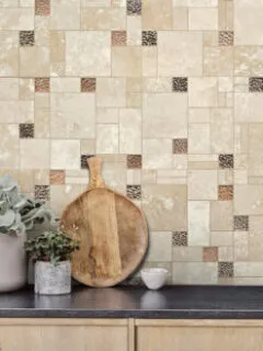Light Beige Travertine with Glass Backsplash Tile BA1043