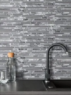 Gray glass marble kitchen backsplash cabinet cambria quartz countertop BA1037
