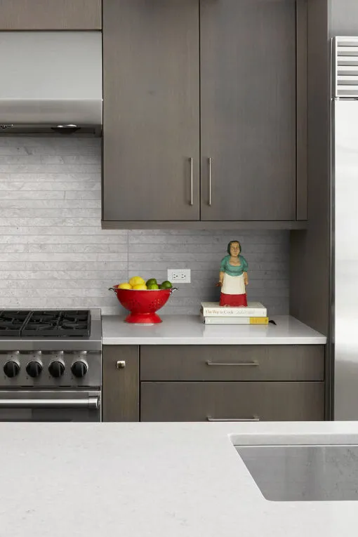 Contemporary Kitchen Brown Cabnets White Quartz Countertop