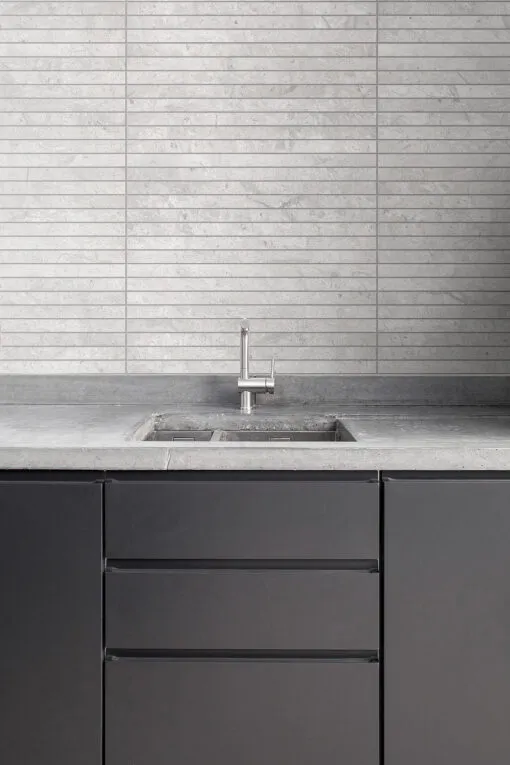 Contemporary Kitchen Gray Cabinet Countertop And Backsplash Tile