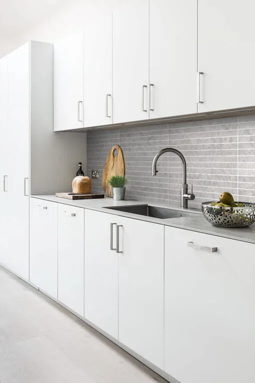 Contemporary Kitchen White Cabinets Gray Backsplash Tile