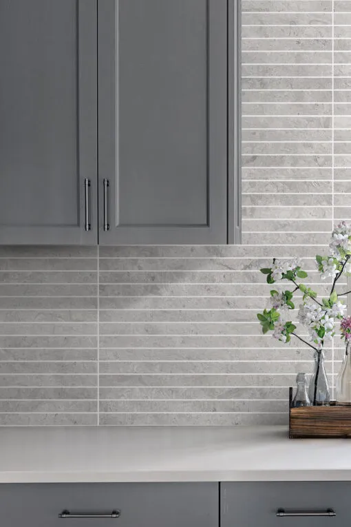Modern Gray Kitchen Quartz Countertop With Gray Backsplash