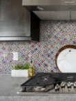 Gray Cabinets with Rusty Brown Gray Diamond Slate Backsplash Tile BA1067