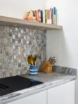Gray Countertop with Rose Gold Gray Glass Slate Backsplash Tile BA8007