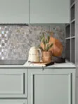 Green Cabinets with Rose Gold Gray Glass Slate Backsplash Tile BA8007
