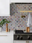 White Cabinets with Rusty Brown Gray Diamond Slate Backsplash Tile BA1067
