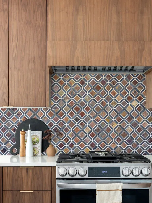 Brown Cabinets with Rusty Brown Gray Diamond Slate Backsplash Tile BA1067