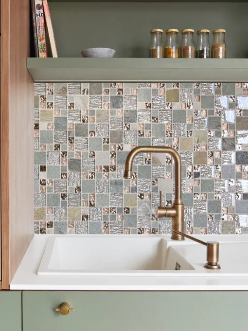 Green Brown Cabinet with Rose Gold Glass Slate Backsplash Tile BA8007