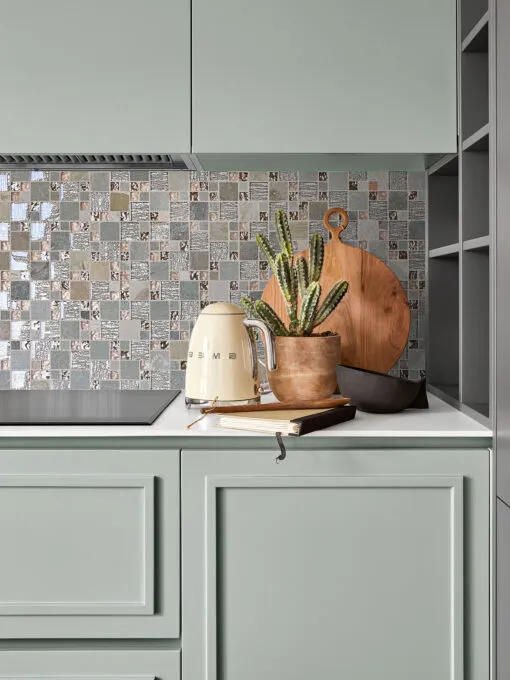 Green Cabinets with Rose Gold Gray Glass Slate Backsplash Tile BA8007