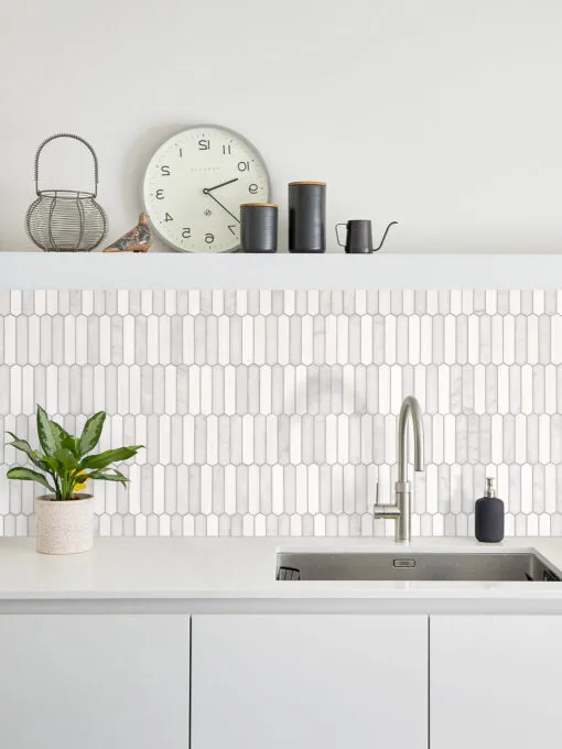Modern Cabinets with Modern Picket White Gray Marble Backsplash Tile BA6321