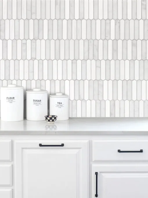 White Kitchen with Modern Picket White Gray Marble Backsplash Tile BA6321