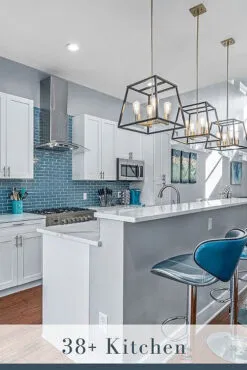 White Cabinets with Blue Backsplash