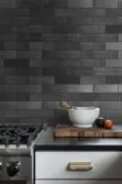 black granite countertop white cabinet black slate subway backsplash tile BA1070