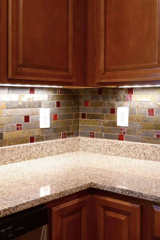 brown cabinet countertop brazilian slate and glass bacskplash tile BA1046