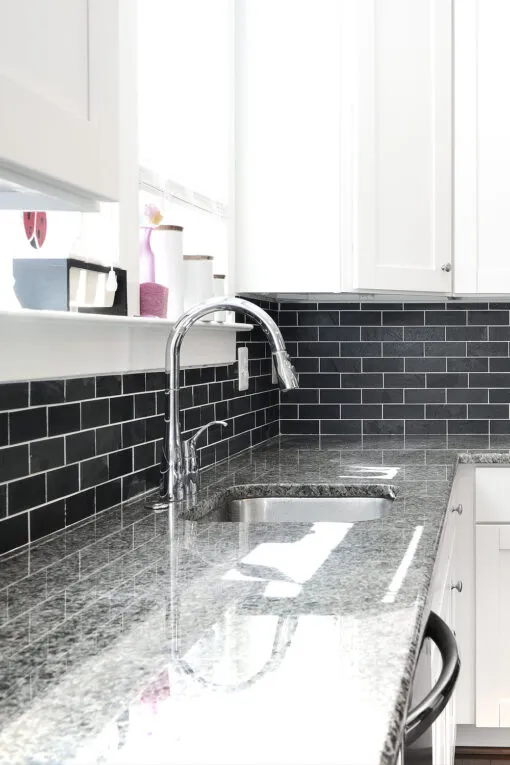 white cabinet new caledonia granite countertop slate subway bacskplash tile BA1070