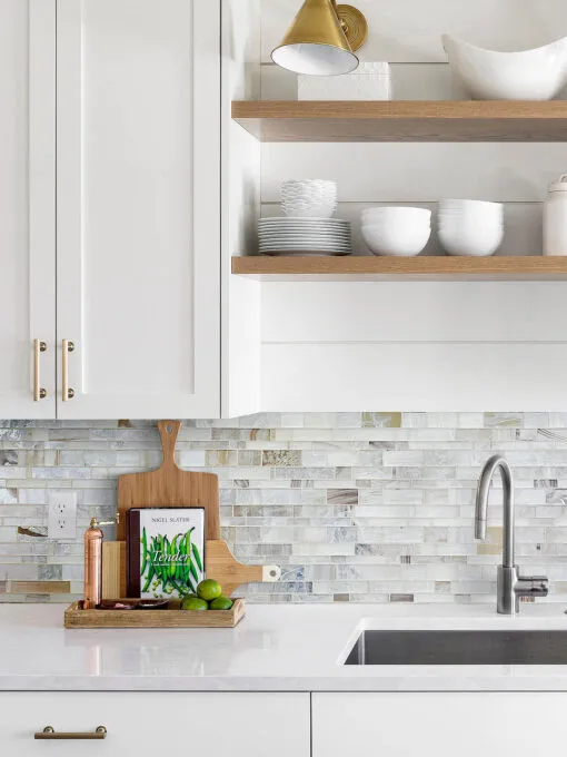 Quartz Cabinet with Opal Glass Artisan Mosaic Tile BA7015